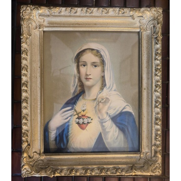 Immaculate Heart of Mary Vintage Framed Lithograph Bradley Religious - Picture 1 of 3